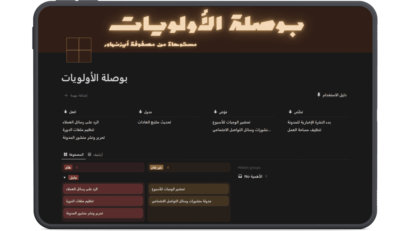 بوصلة الأولويات هل تُهدر وقتك في مهام غير ضرورية؟ قالب بوصلة الأولويات على نوشن مستوحى من مصفوفة آيزنهاور الشهيرة.